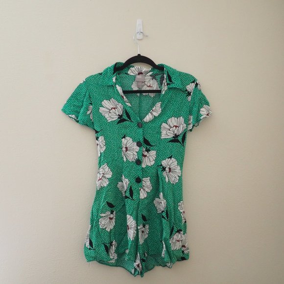 ASOS Button Front Tea Romper Green Floral Polka Dot Short Sleeve sz 4 - Picture 4 of 7